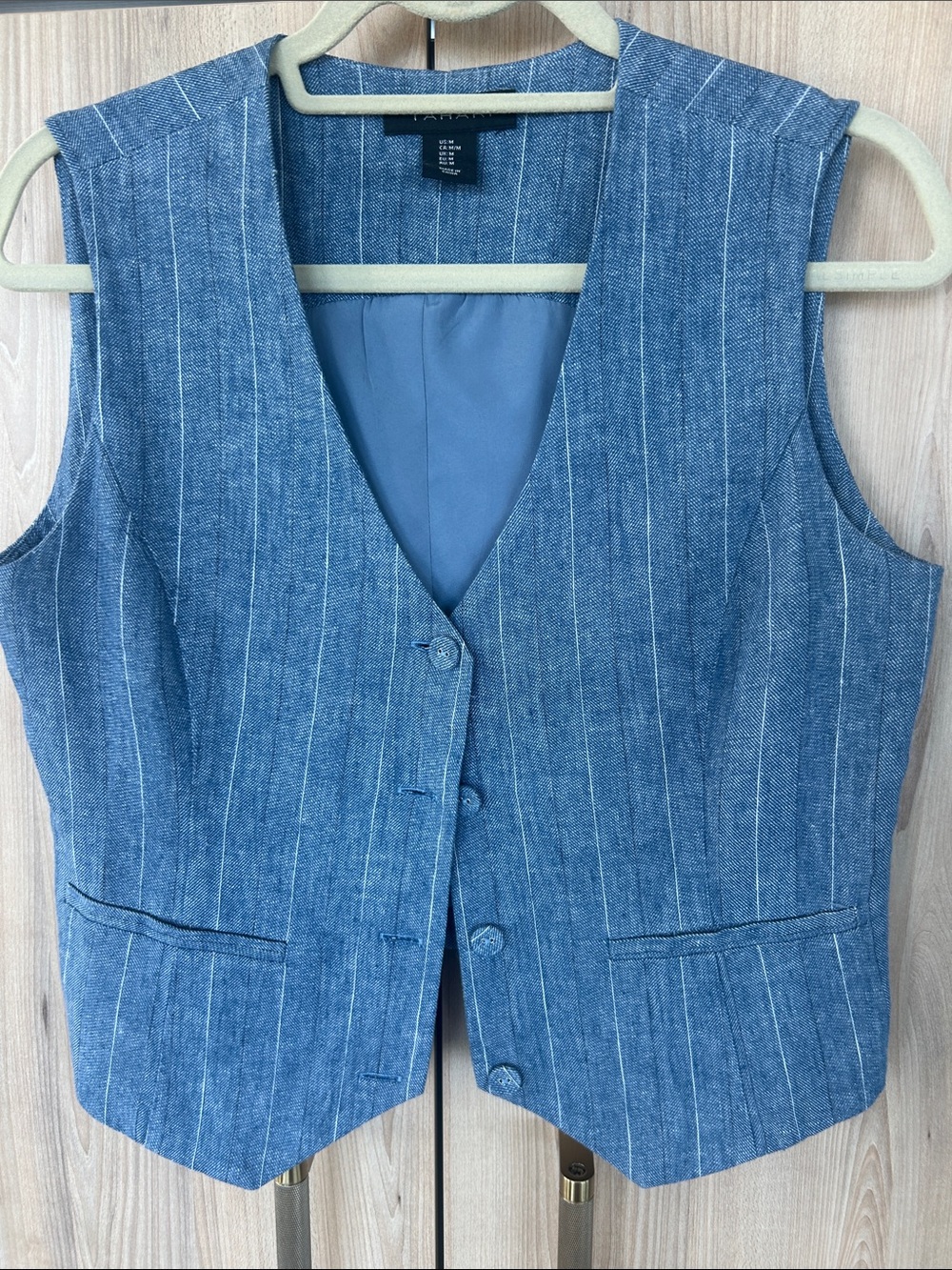 Tahari Cotton Linen Pinstripe Vest Blue Tailored Button Front Women’s Medium
